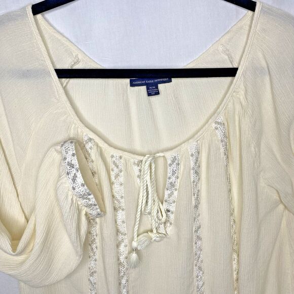 AMERICAN EAGLE Womens Scoop Keyhole Tassel Tie Embroidered 3/4 Sleeve M Cream - Picture 2 of 11